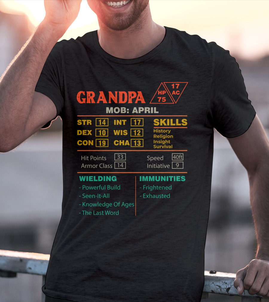 GRANDPA MOB APRIL DND STYLE CHARACTER SHEET STATS STR 14 DEX 10 CON 19 INT 17 WIS 12 CHA 13 T-Shirt