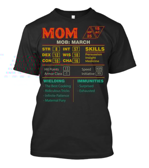 MOM Mob March Stats Skills Persuasion Insight Medicine Wielding Cooking Patience T-Shirt