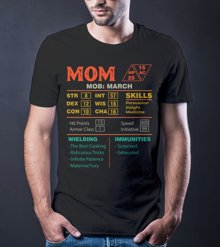 MOM Mob March Stats Skills Persuasion Insight Medicine Wielding Cooking Patience T-Shirt