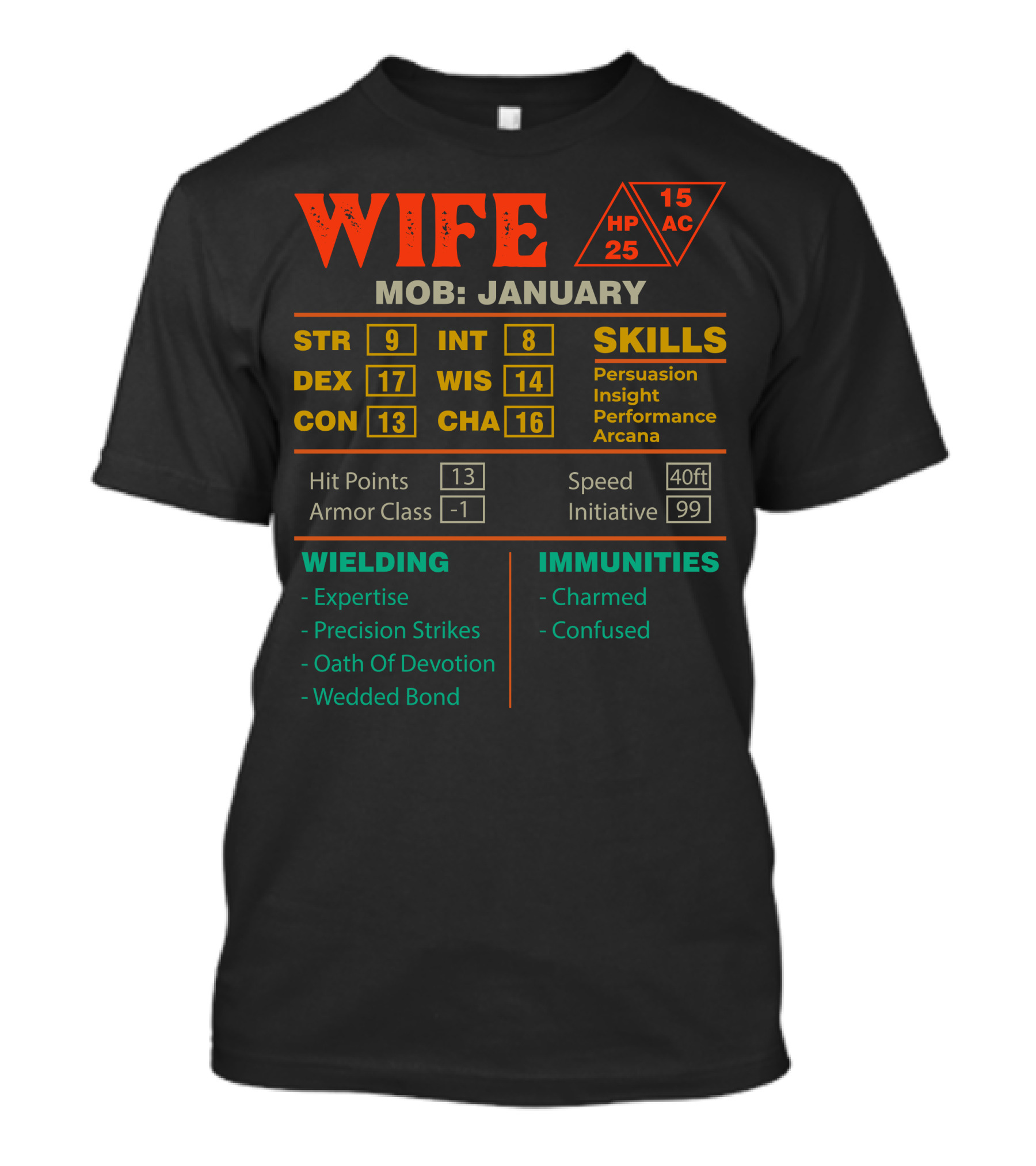 Wife Stats Character Sheet January Mob Skills Hit Points Armor Class Immunities Wielding T-Shirt