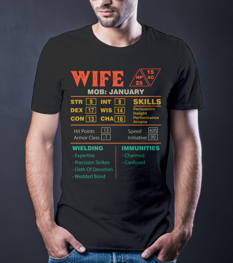 Wife Stats Character Sheet January Mob Skills Hit Points Armor Class Immunities Wielding T-Shirt