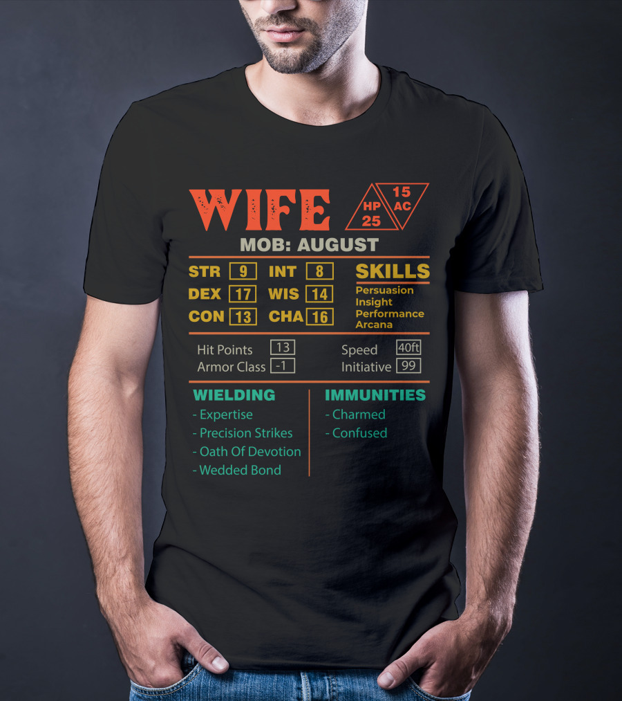 Wife Stats Character Sheet MOB August Skills Hit Points Armor Class Wielding Immunities T-Shirt