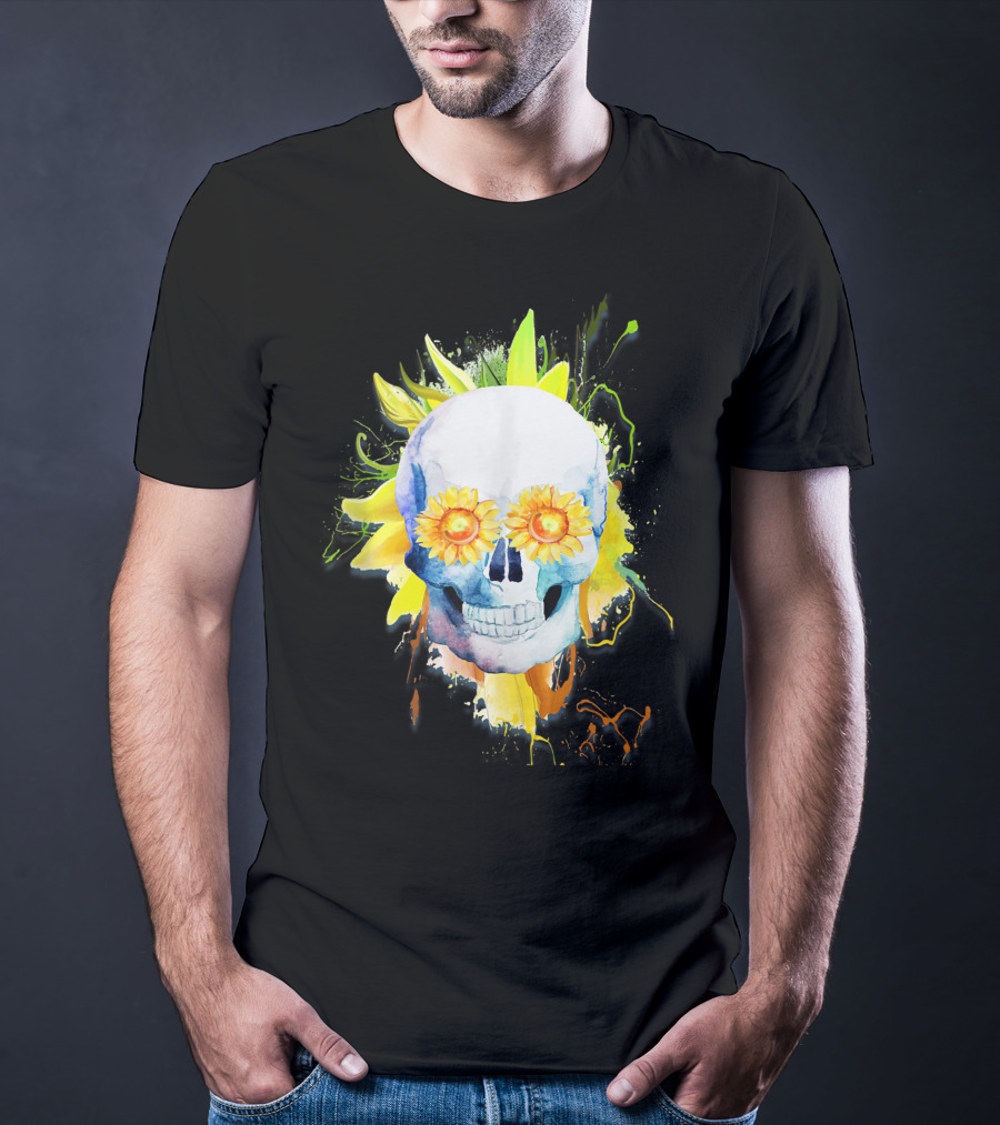 Dia De Los Muertos Halloween Sunflower Skull With Colorful Explosion Background T-Shirt