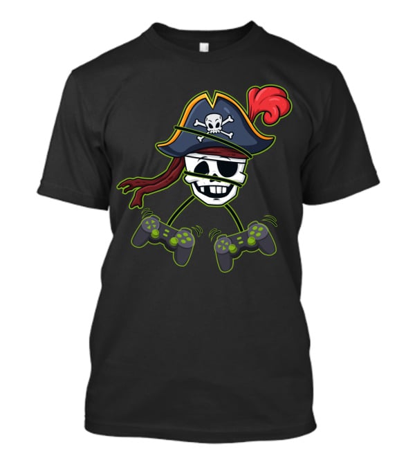Halloween Pirate Skeleton Video Gamer Controllers Playful Skull Hat T-Shirt