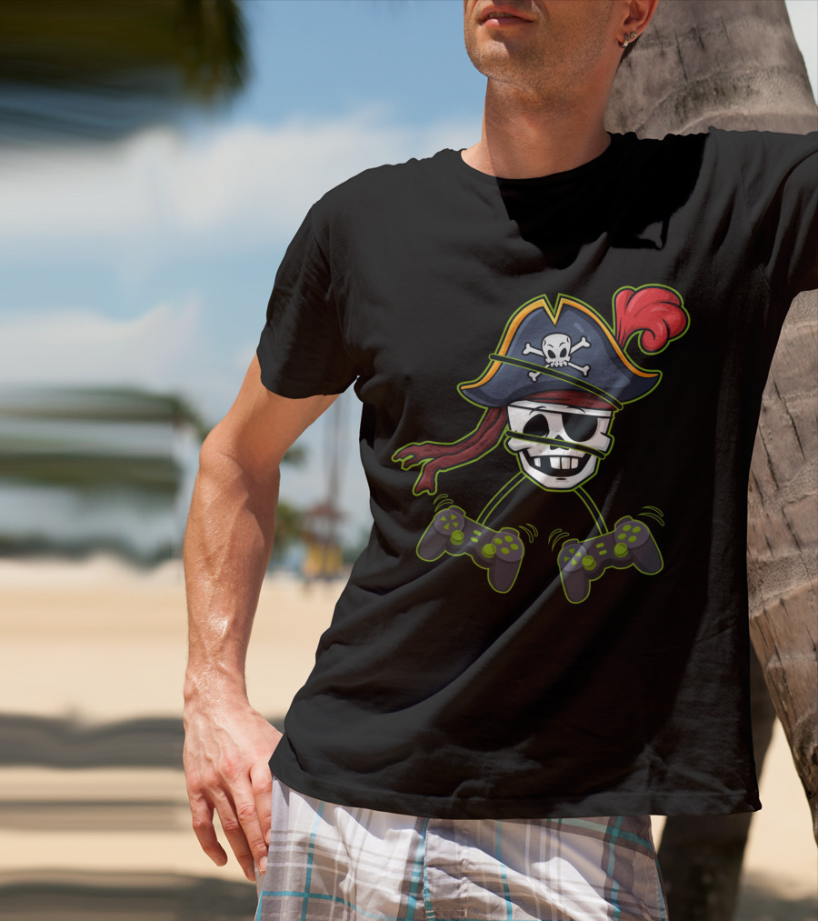 Halloween Pirate Skeleton Video Gamer Controllers Playful Skull Hat T-Shirt