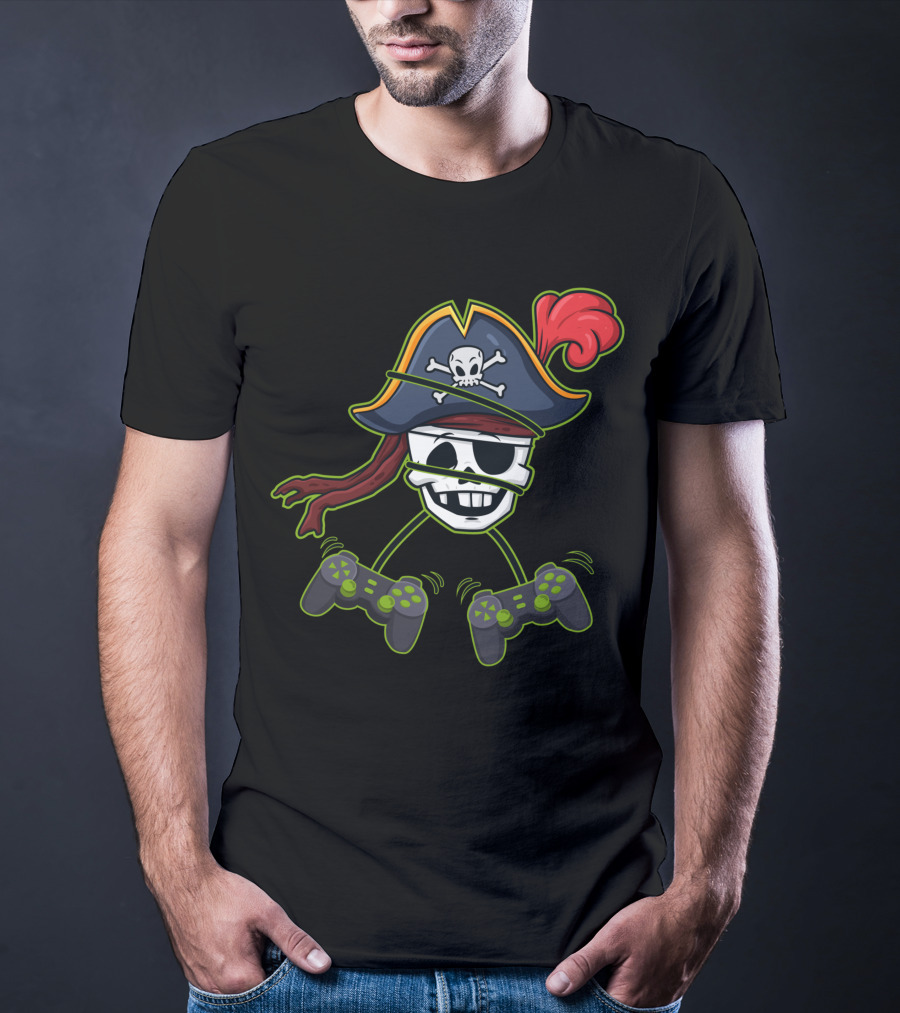 Halloween Pirate Skeleton Video Gamer Controllers Playful Skull Hat T-Shirt