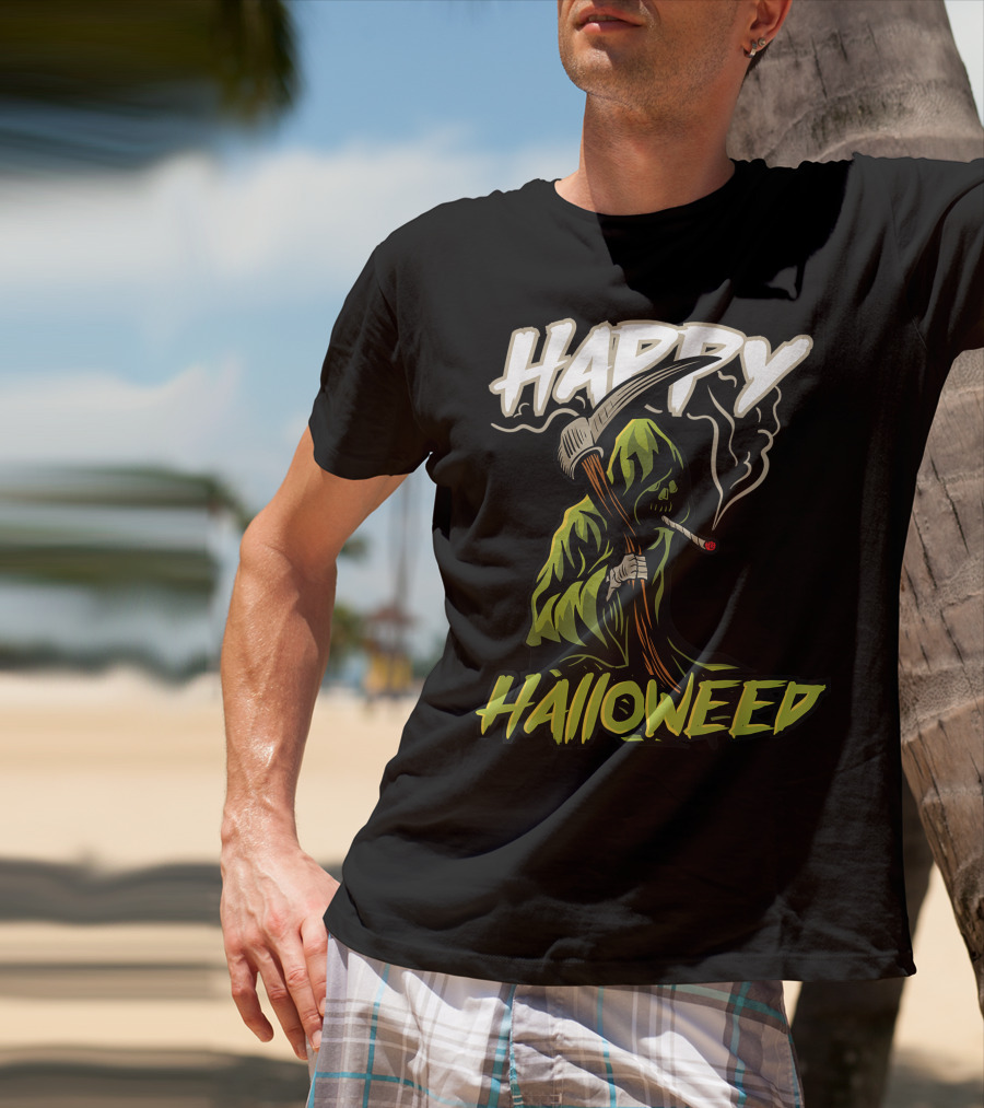 Happy Halloweed Grim Reaper Smoking Weed Cannabis T-Shirt