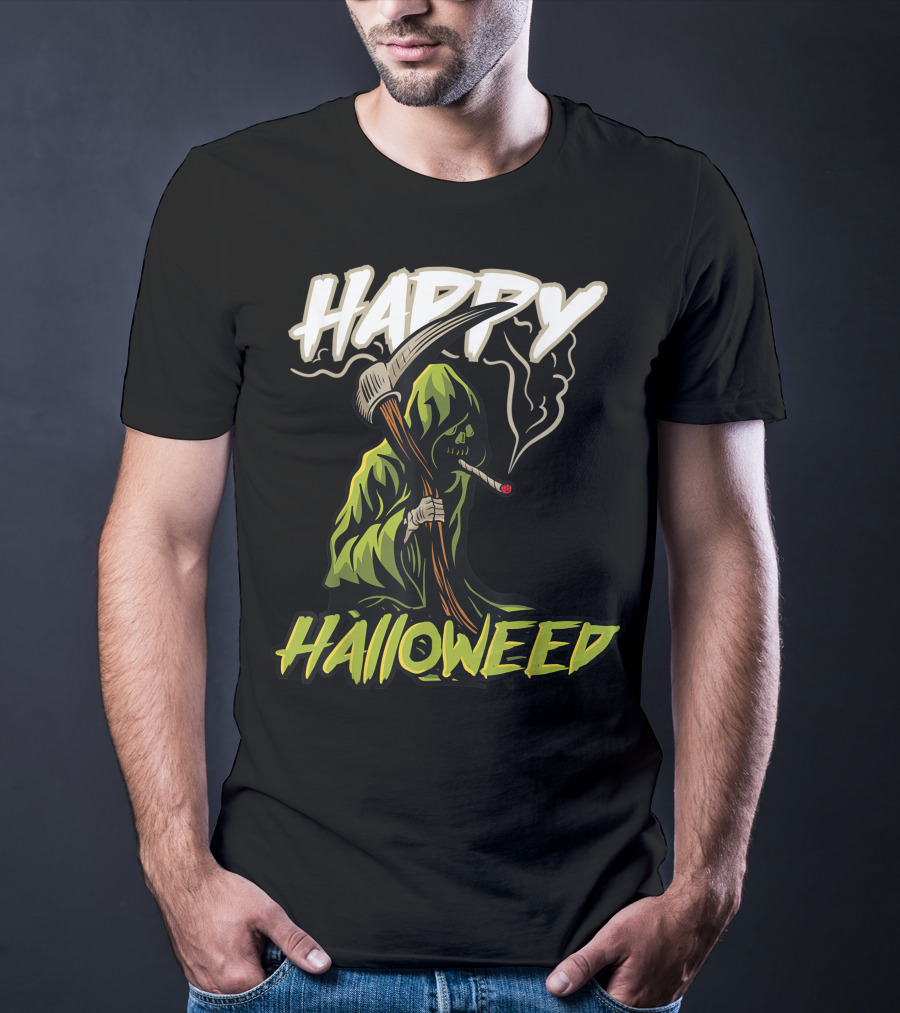 Happy Halloweed Grim Reaper Smoking Weed Cannabis T-Shirt