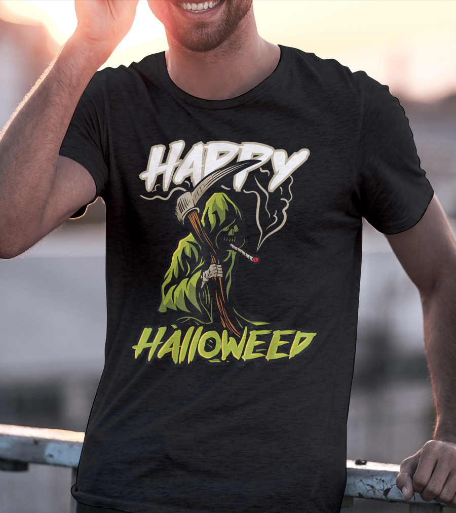 Happy Halloweed Grim Reaper Smoking Weed Cannabis T-Shirt