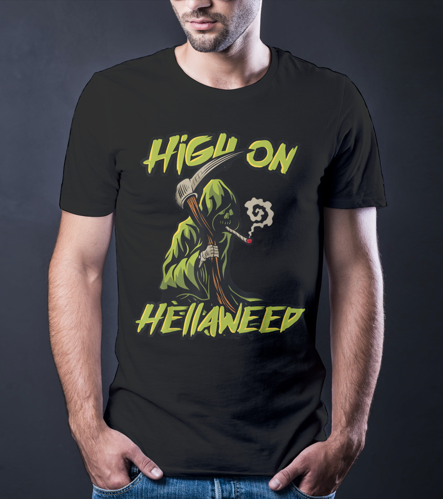 High On Hellaweed Grim Reaper Smoking Weed THC CBD T-Shirt