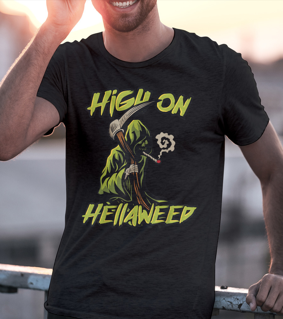 High On Hellaweed Grim Reaper Smoking Weed THC CBD T-Shirt