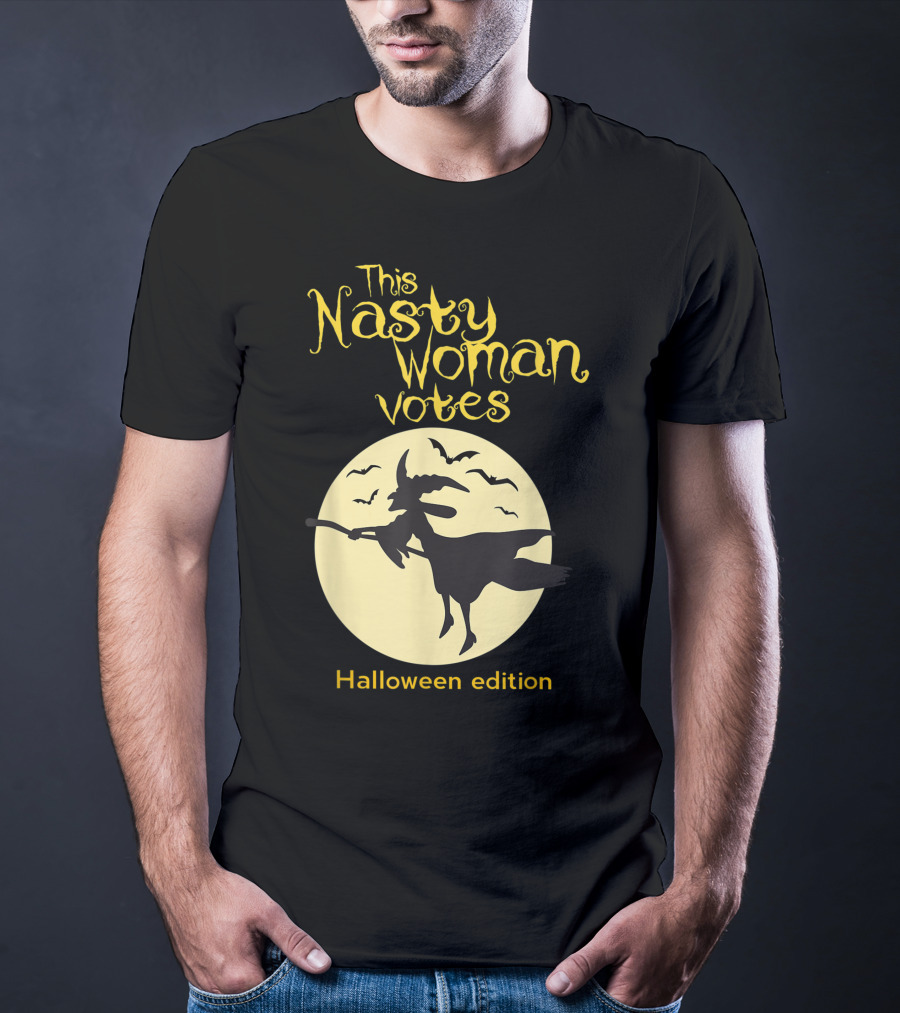 This Nasty Woman Votes Halloween Edition Feminism Witch And Bats Moon T-Shirt