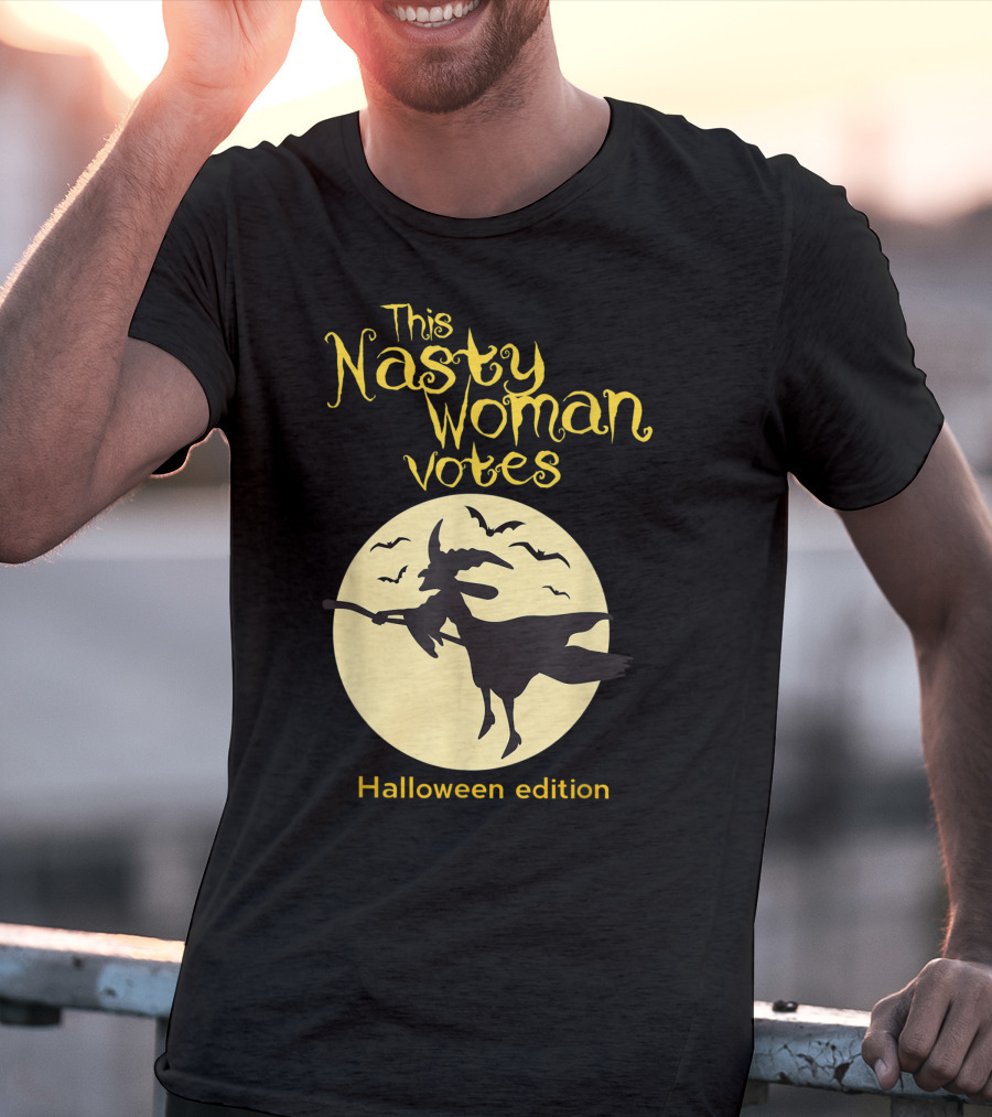 This Nasty Woman Votes Halloween Edition Feminism Witch And Bats Moon T-Shirt