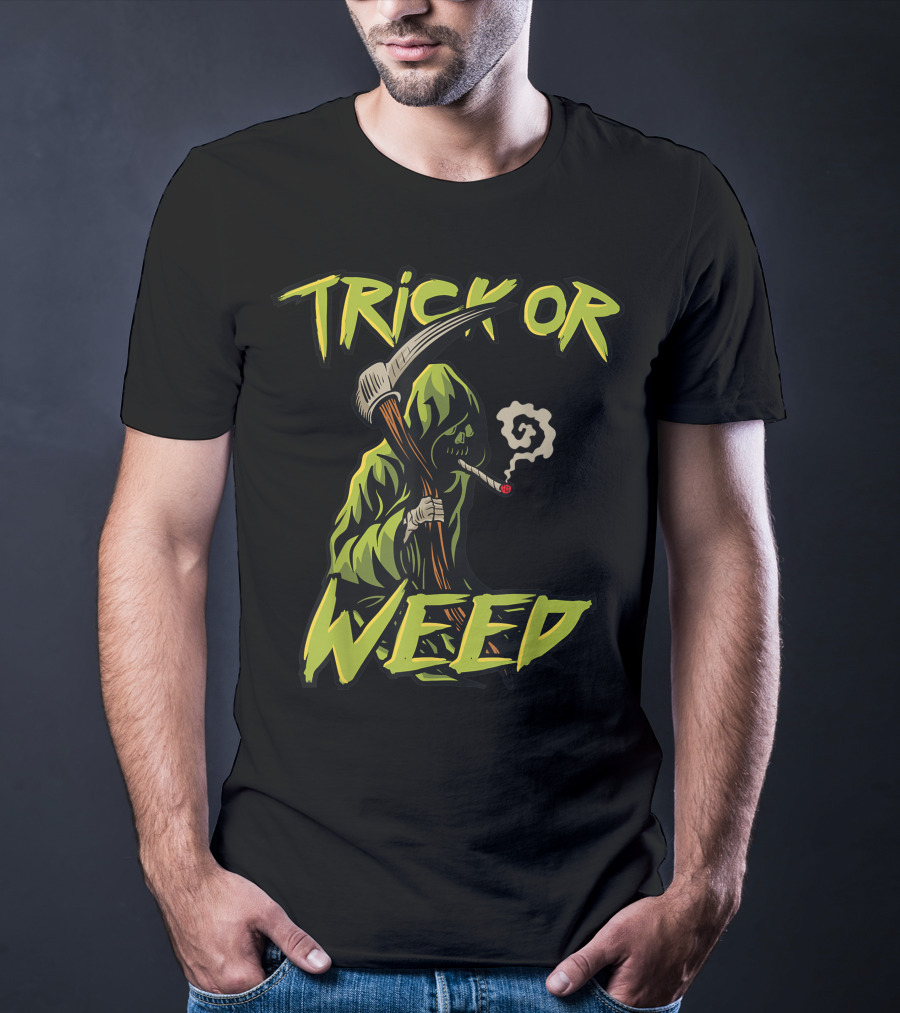 Trick Or Weed Grim Reaper Smoking Cannabis Joint T-Shirt