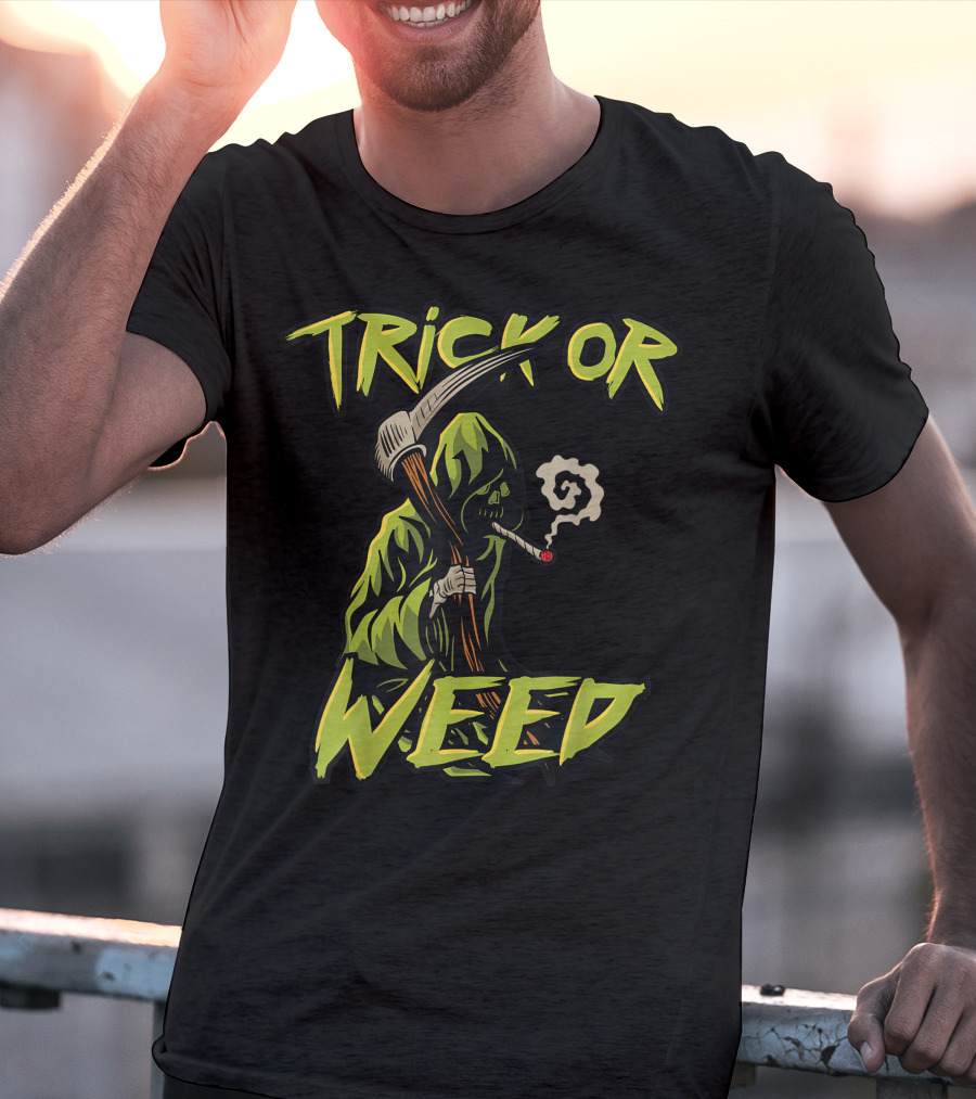 Trick Or Weed Grim Reaper Smoking Cannabis Joint T-Shirt