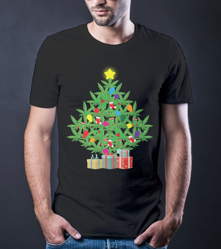Cannabis Leaf Christmas Tree With Star And Colorful Holiday Lights T-Shirt