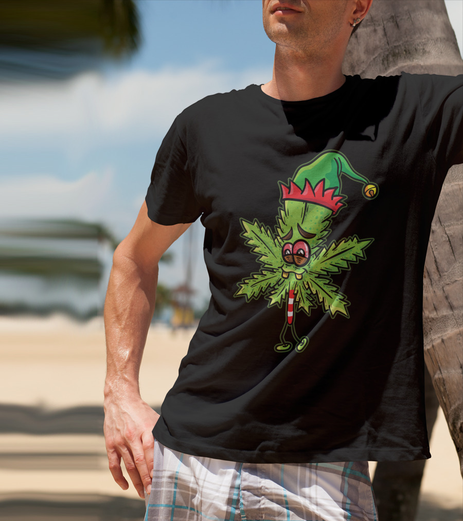 Stoned Elf Cannabis Leaf With Festive Hat Smoking Weed Elves T-Shirt