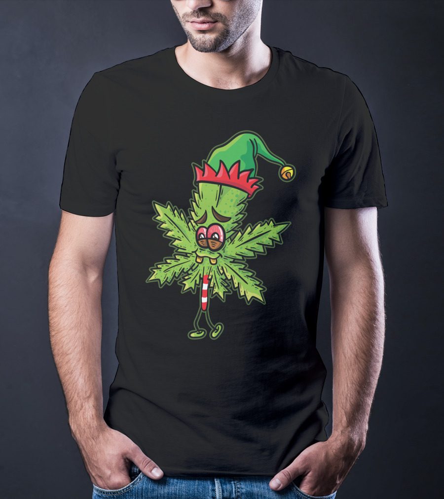Stoned Elf Cannabis Leaf With Festive Hat Smoking Weed Elves T-Shirt