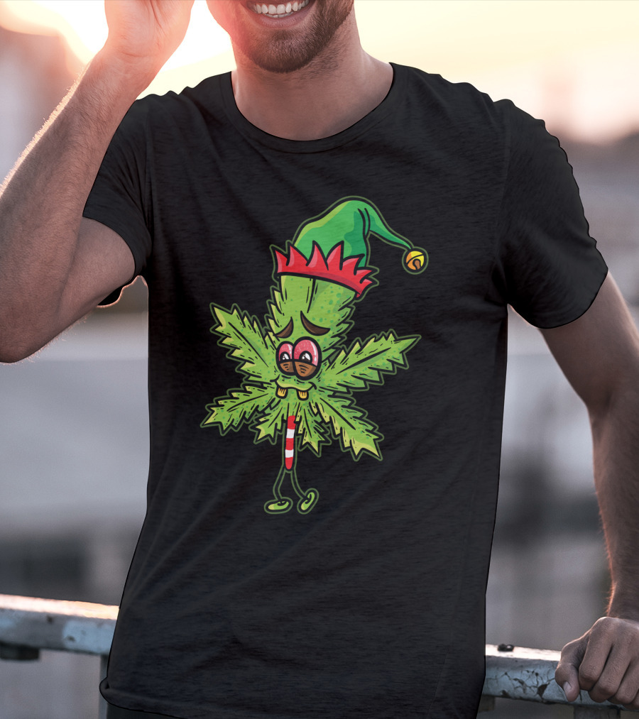 Stoned Elf Cannabis Leaf With Festive Hat Smoking Weed Elves T-Shirt