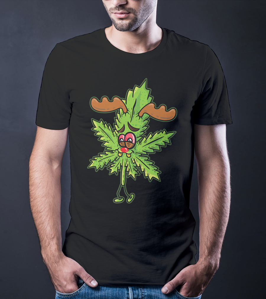 Cannabis Leaf Stoned Reindeer Weed Smoking Rudolph Marijuana Leaf Antlers T-Shirt