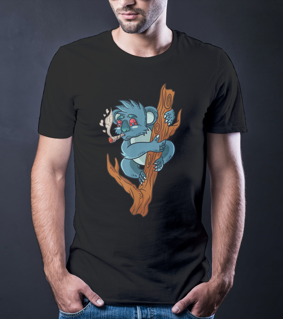 Koala Smoking Weed Cannabis Stoner Marihuana Bear Don't Care Trippy Eyes Tree Hugging T-Shirt