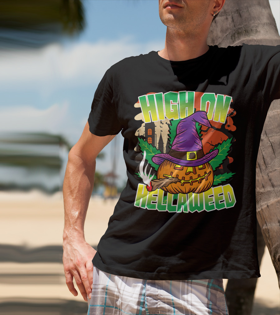 High On Hellaweed Pumpkin Smoking Weed THC Halloween Stoner T-Shirt