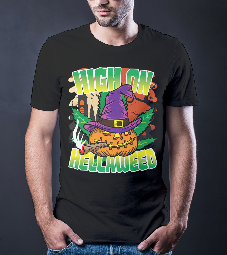 High On Hellaweed Pumpkin Smoking Weed THC Halloween Stoner T-Shirt