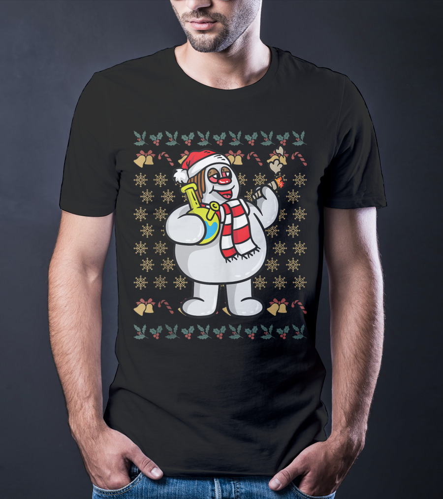 Rasta Snowman Christmas Cannabis Weed Smoking Santa Hat Scarf T-Shirt