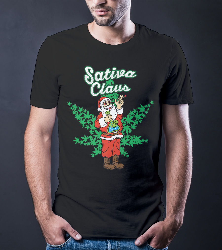 Sativa Claus Cannabis Marijuana Smoking Santa With Weed Leaves T-Shirt