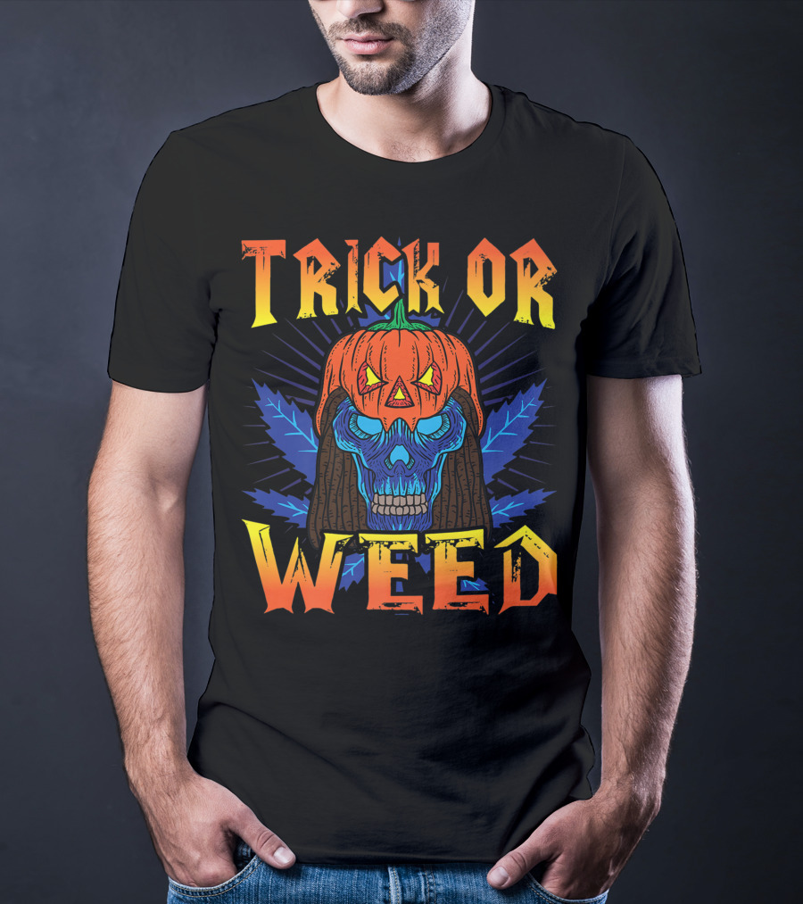 Trick Or Weed Pumpkin Skull Smoking Cannabis THC Halloween Stoner T-Shirt