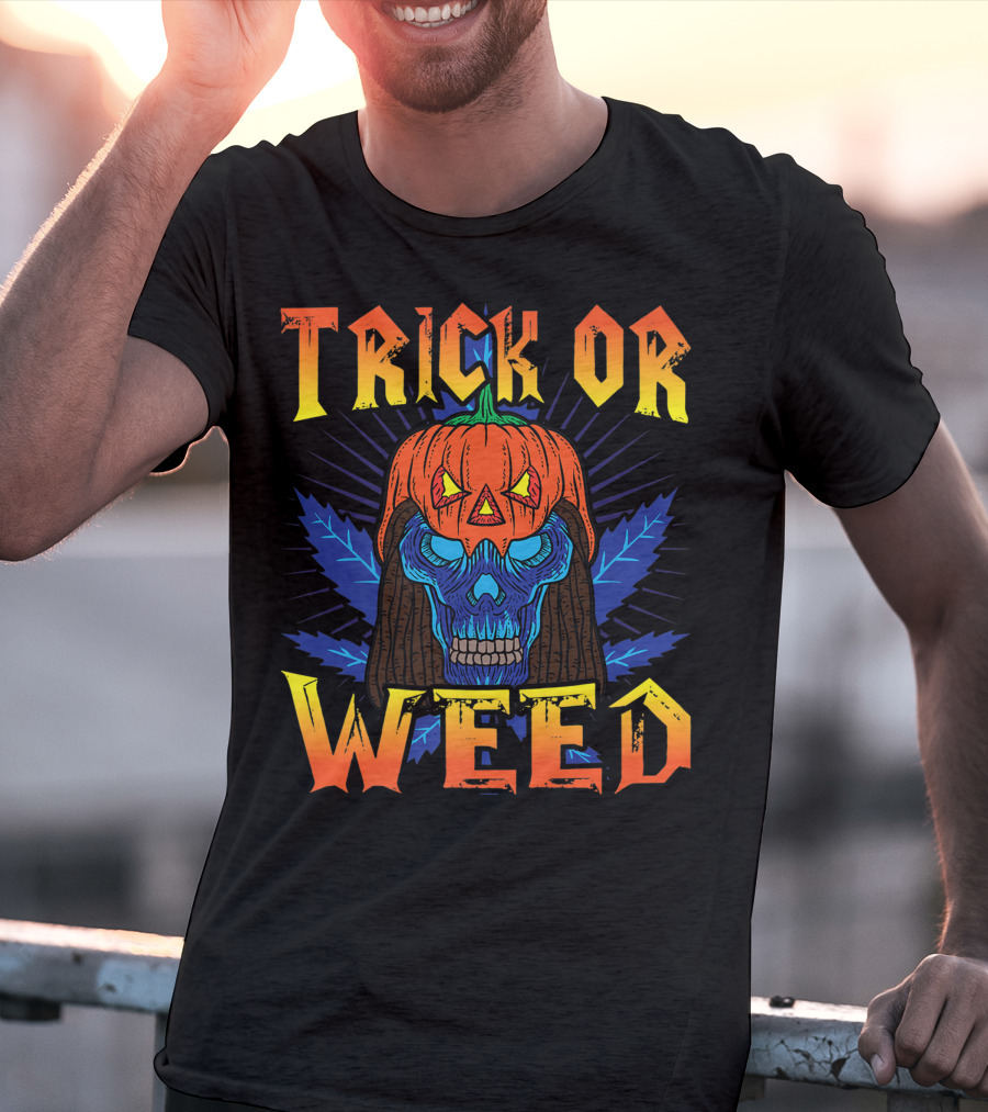 Trick Or Weed Pumpkin Skull Smoking Cannabis THC Halloween Stoner T-Shirt