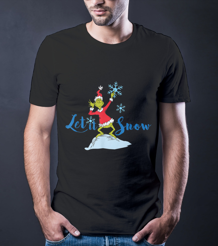Grinch In Santa Outfit Holding Snowflakes Let It Snow T-Shirt
