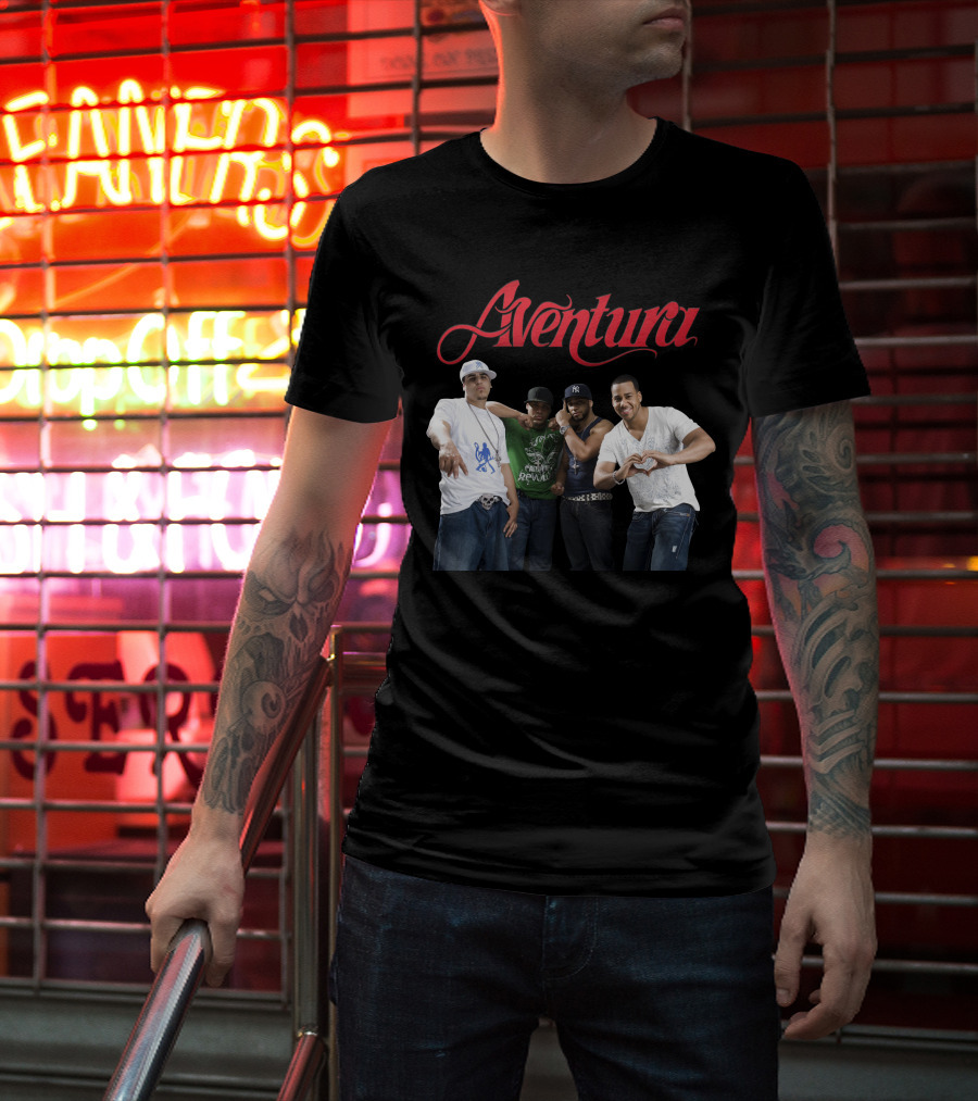 Aventura Band Red Script Logo Casual Group Photo T-Shirt
