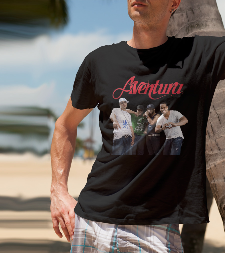 Aventura Band Red Script Logo Casual Group Photo T-Shirt
