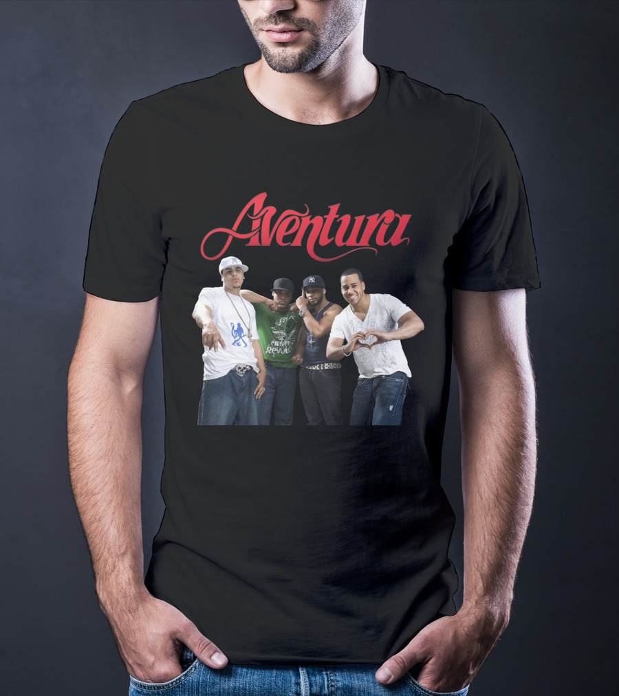 Aventura Band Red Script Logo Casual Group Photo T-Shirt