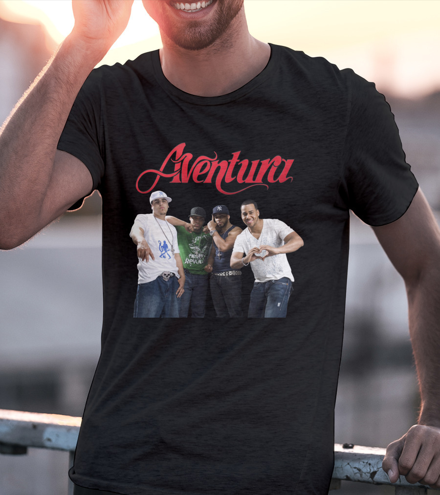 Aventura Band Red Script Logo Casual Group Photo T-Shirt