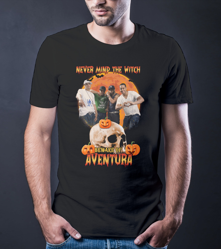 Never Mind The Witch Beware Of Aventura Halloween Pumpkin Skull Scene T-Shirt