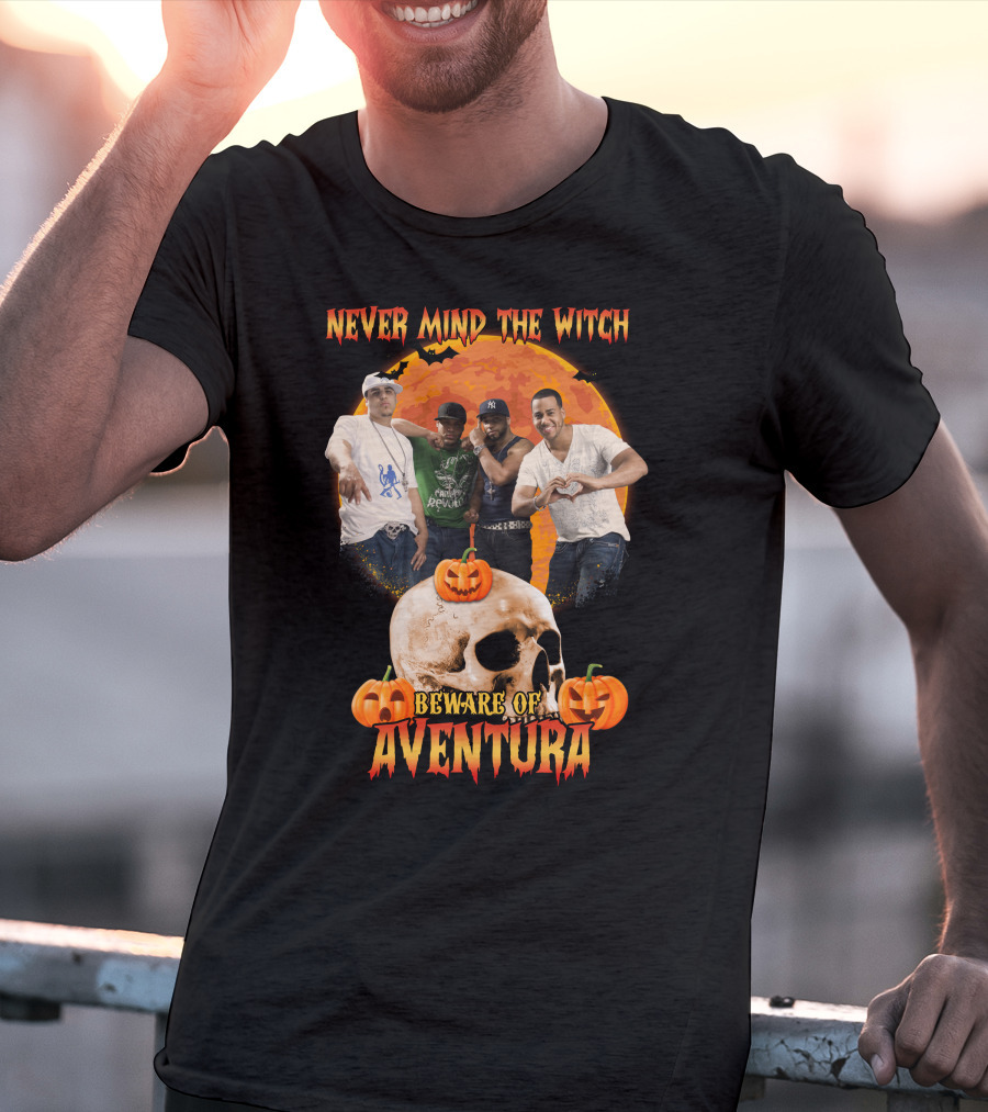 Never Mind The Witch Beware Of Aventura Halloween Pumpkin Skull Scene T-Shirt