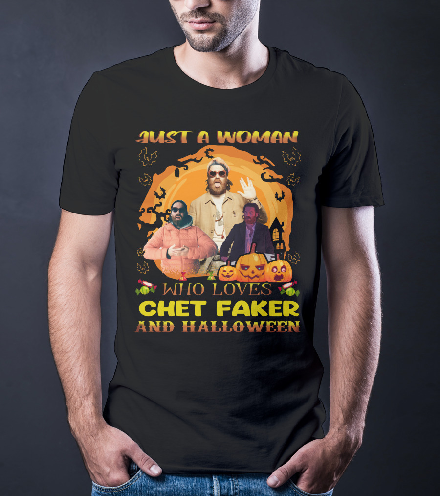 Just A Woman Who Loves Chet Faker And Halloween With Pumpkins And Bats T-Shirt