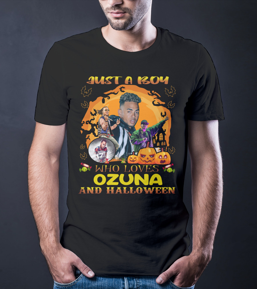 Just A Boy Who Loves Ozuna And Halloween Pumpkins Bats And Haunted House T-Shirt