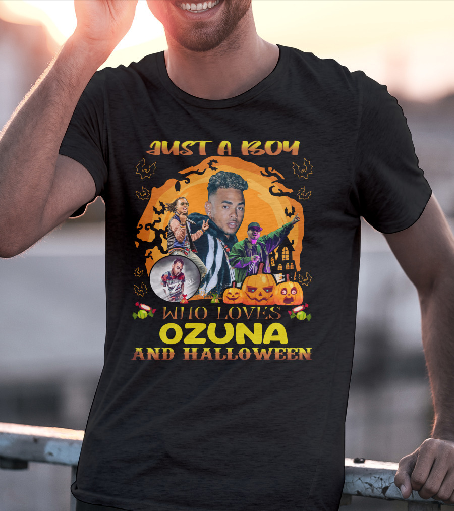Just A Boy Who Loves Ozuna And Halloween Pumpkins Bats And Haunted House T-Shirt