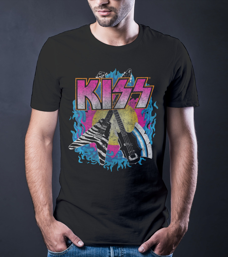 KISS Young Wasted Zebra Stripe Flying V And Bass With Flaming Background T-Shirt