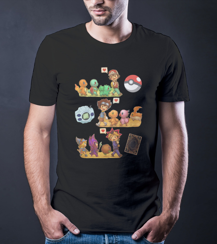 Pokémon Digimon Yu-Gi-Oh Adventure Characters With Love Symbols T-Shirt