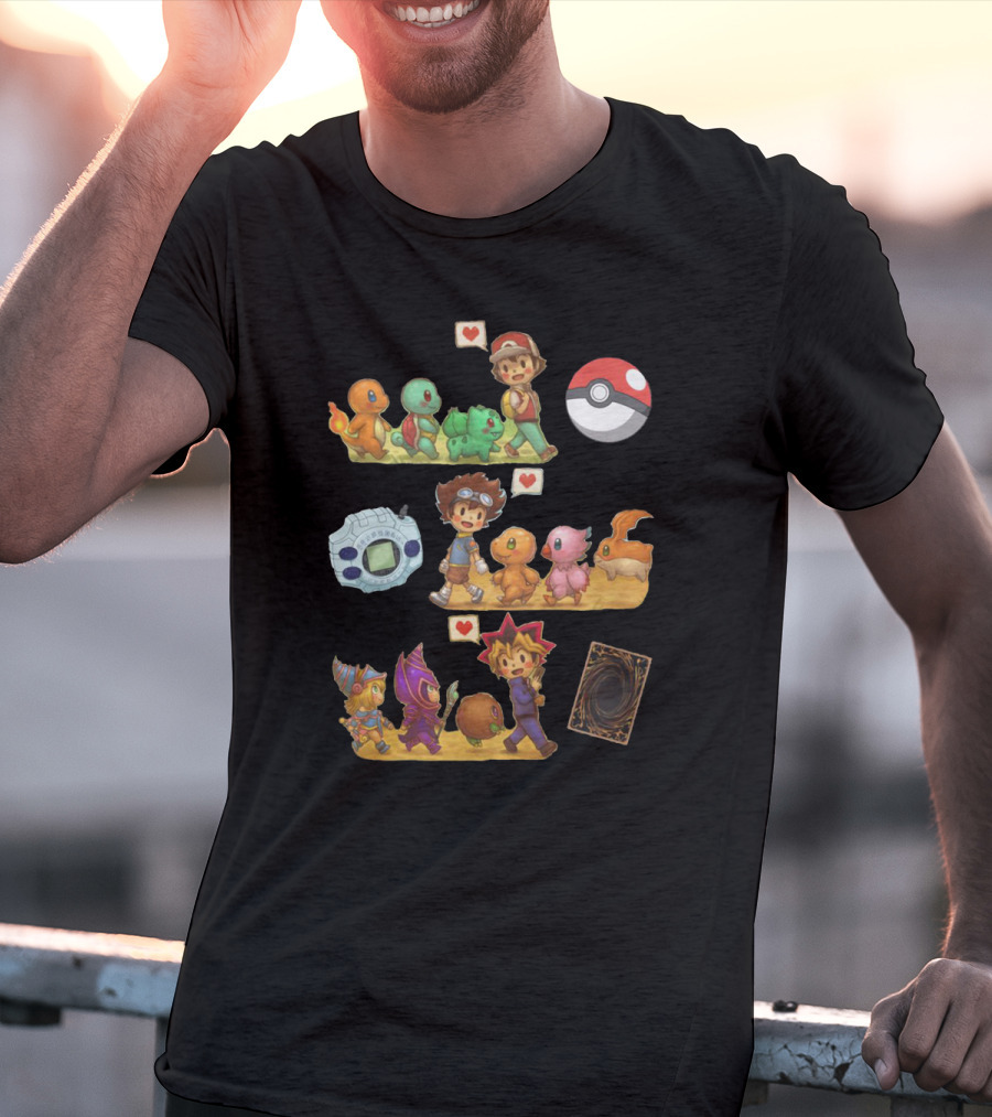 Pokémon Digimon Yu-Gi-Oh Adventure Characters With Love Symbols T-Shirt