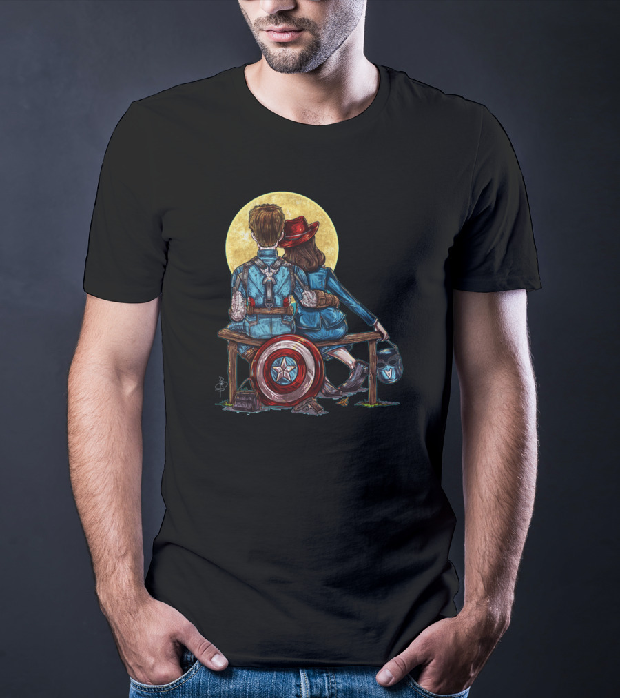 Marvel Captain America Moonlight Bench Scene With Shield And Helmet T-Shirt