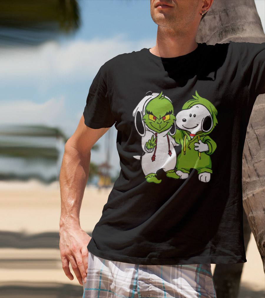 Grinch And Snoopy Christmas Crossover Characters In Festive Hoodies T-Shirt