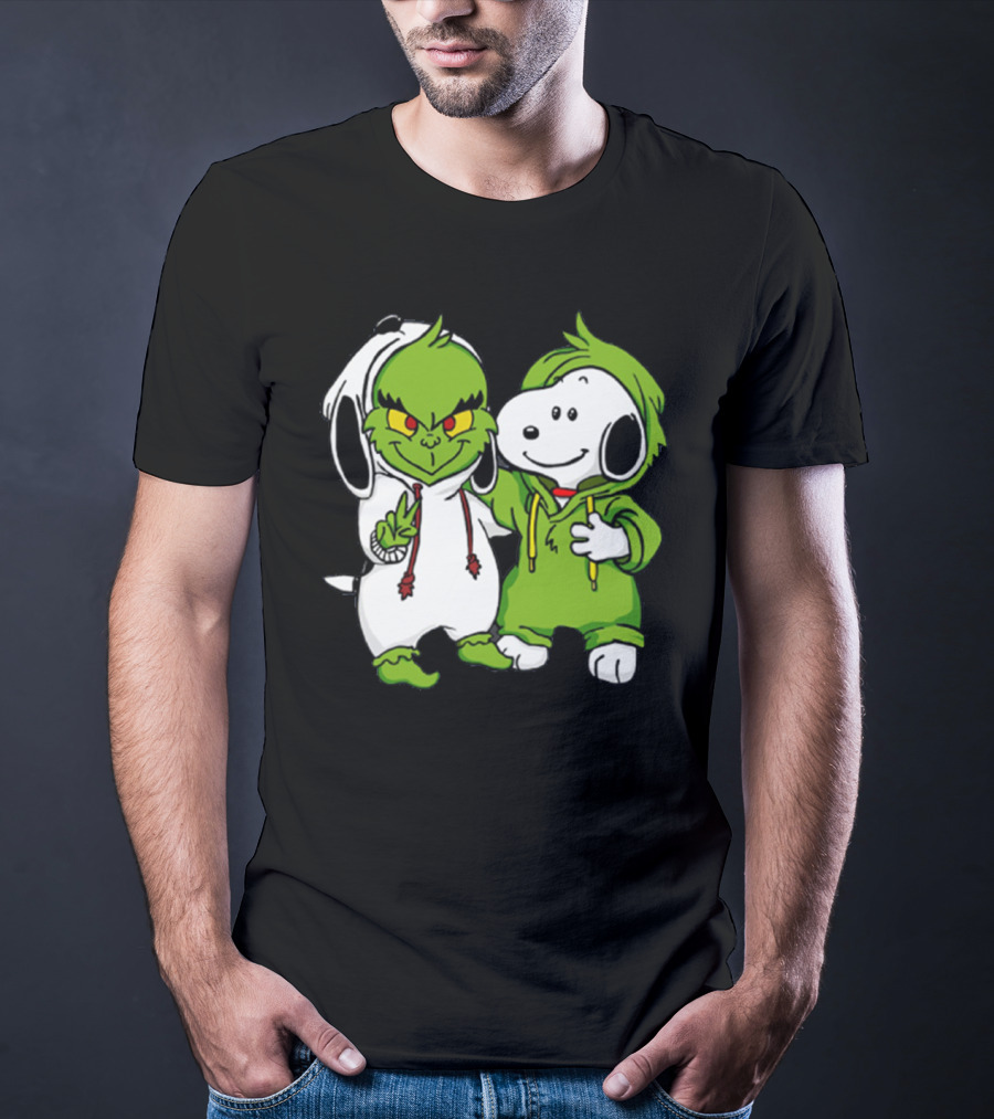 Grinch And Snoopy Christmas Crossover Characters In Festive Hoodies T-Shirt