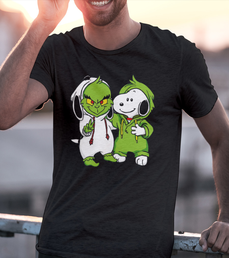 Grinch And Snoopy Christmas Crossover Characters In Festive Hoodies T-Shirt