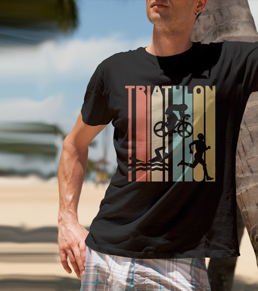 Vintage Triathlon Swimming Cycling Running Silhouettes Retro Stripes T-Shirt