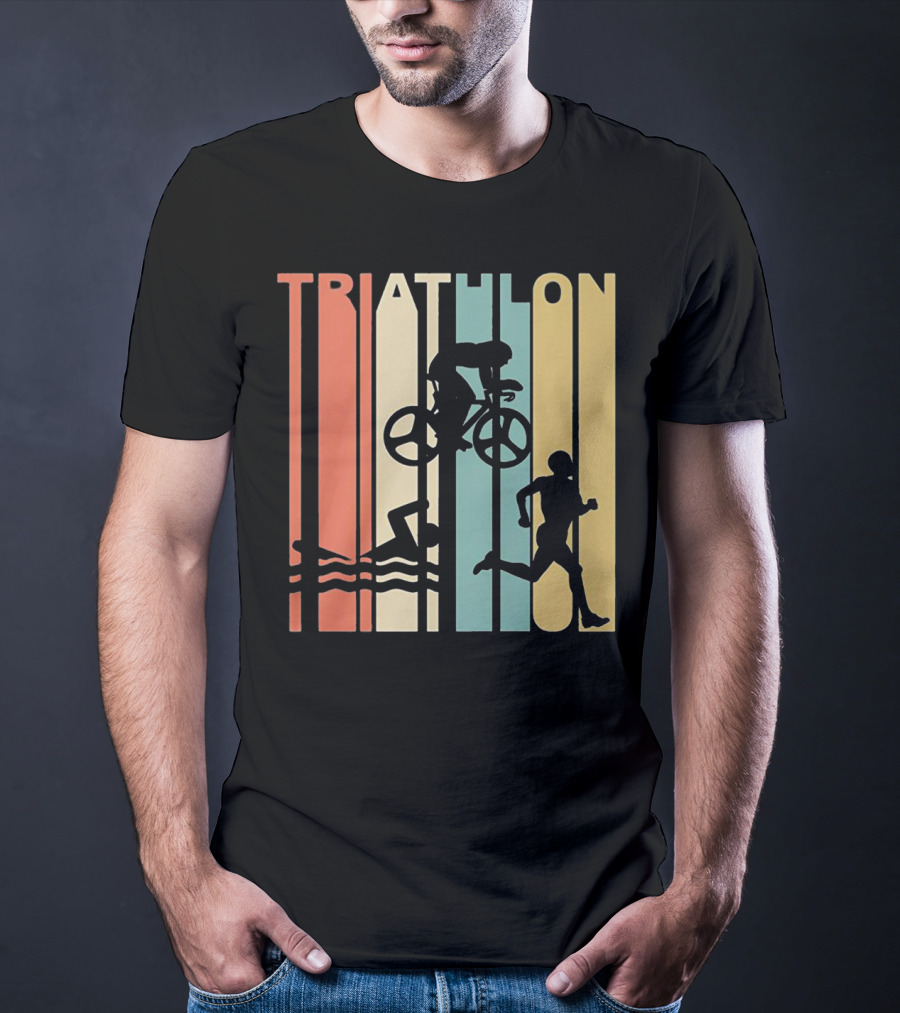 Vintage Triathlon Swimming Cycling Running Silhouettes Retro Stripes T-Shirt